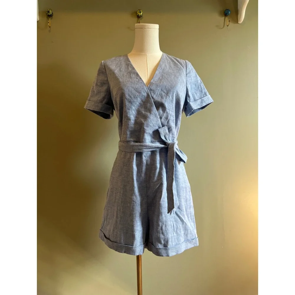 Banana Republic Womens Blue Linen Blend Chambray Wrap Romper Size 4 Short Sleeve
